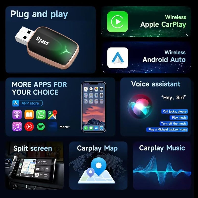 Dyazo 2-in-1 Wireless Car Adapter for Apple CarPlay & Android Auto | Plug & Play Bluetooth Connection | Converts Wired System to Wireless | Fast Stable Performance | Compatible with iOS & Android - Image 4
