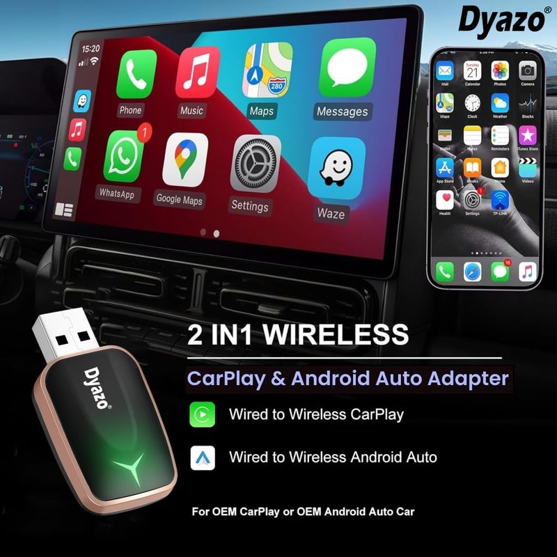 Dyazo 2-in-1 Wireless Car Adapter for Apple CarPlay & Android Auto | Plug & Play Bluetooth Connection | Converts Wired System to Wireless | Fast Stable Performance | Compatible with iOS & Android - Image 2
