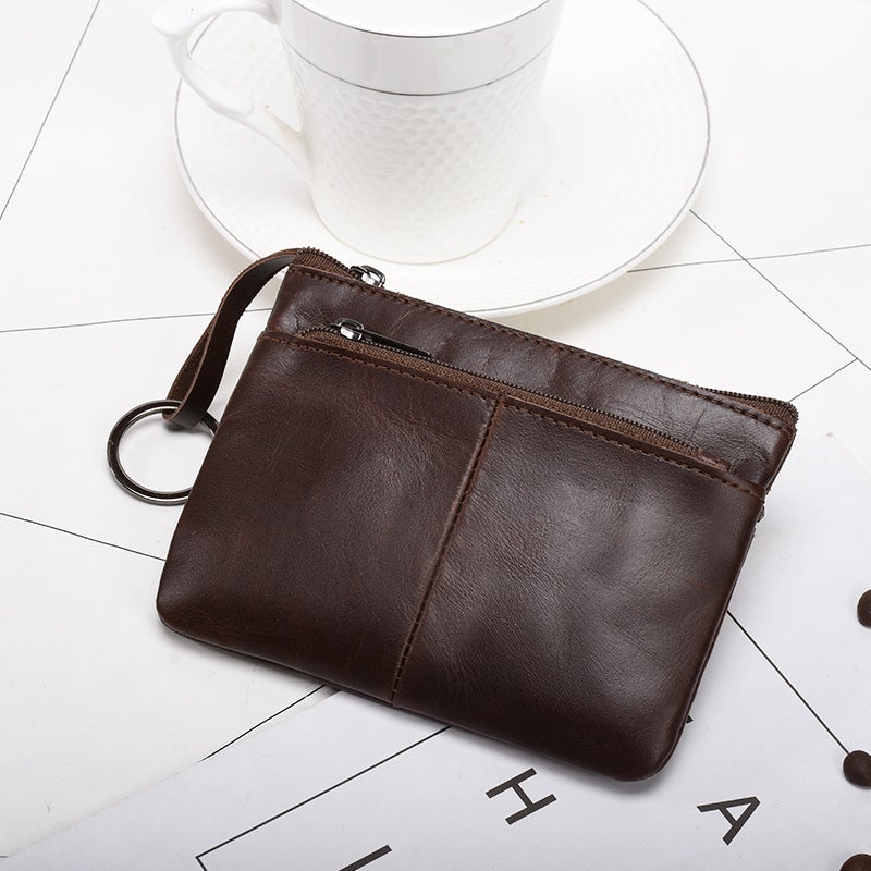 New Trendy Genuine Leather Mens Simple Coin Purse Womens Zipper Hand Wallet Vintage Short Cowhide Card Bag Cross-Border Dark brown