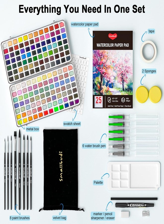 Smallbudi Watercolor Paint Set 168 Colors Including Metallic, Watercolor Kit with Case, Watercolor Paper, Paint Brushes, Palette and Accessories, Water Color Art Supplies Gift for Adults Kids Artists - Image 2