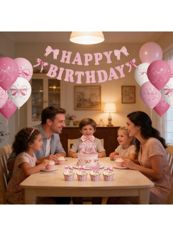 64 PCS Decorations Supplies, Pink Bow Birthday Party Decorations,Includes Happy Banner, Balloons, Cake For Girl Theme, Dress Up, Kids - Image 5