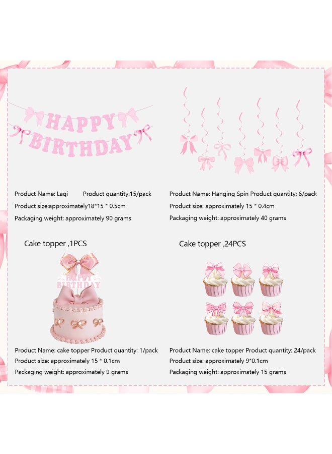 64 PCS Decorations Supplies, Pink Bow Birthday Party Decorations,Includes Happy Banner, Balloons, Cake For Girl Theme, Dress Up, Kids - Image 2