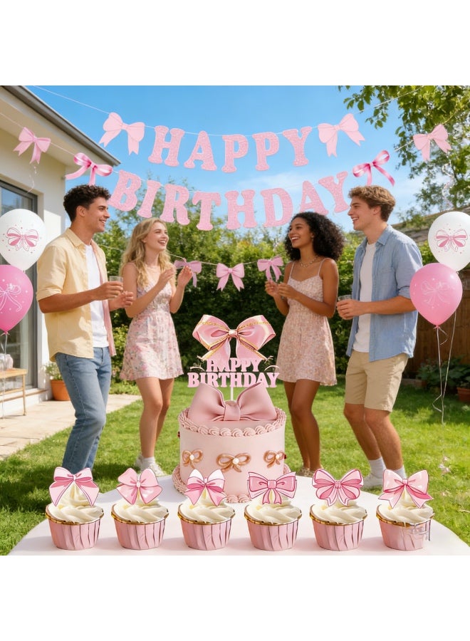 64 PCS Decorations Supplies, Pink Bow Birthday Party Decorations,Includes Happy Banner, Balloons, Cake For Girl Theme, Dress Up, Kids - Image 4