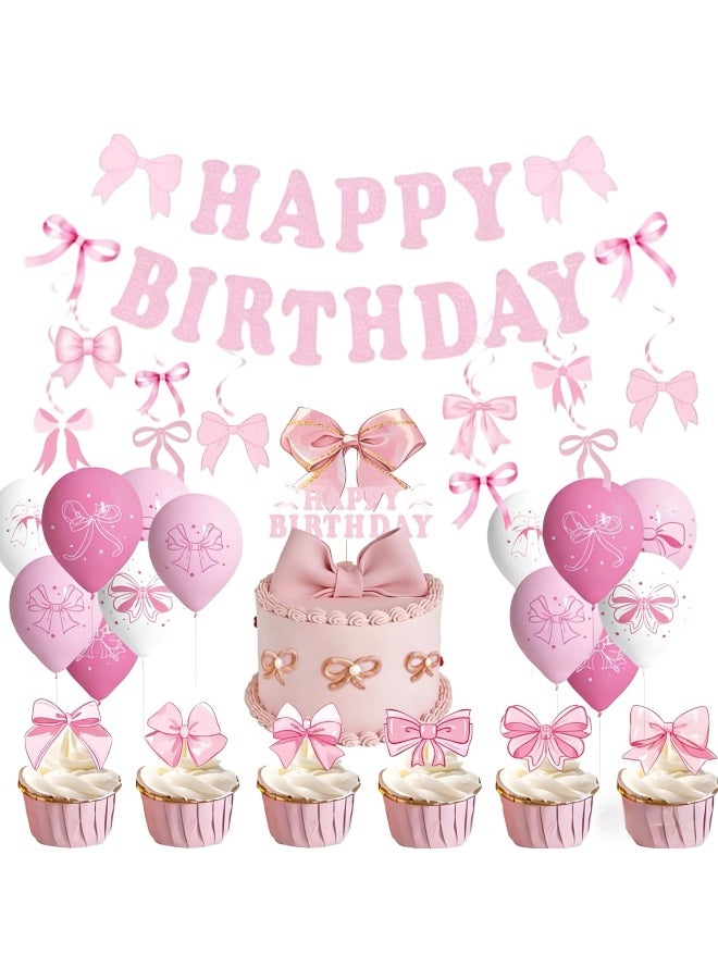 64 PCS Decorations Supplies, Pink Bow Birthday Party Decorations,Includes Happy Banner, Balloons, Cake For Girl Theme, Dress Up, Kids - Image 1