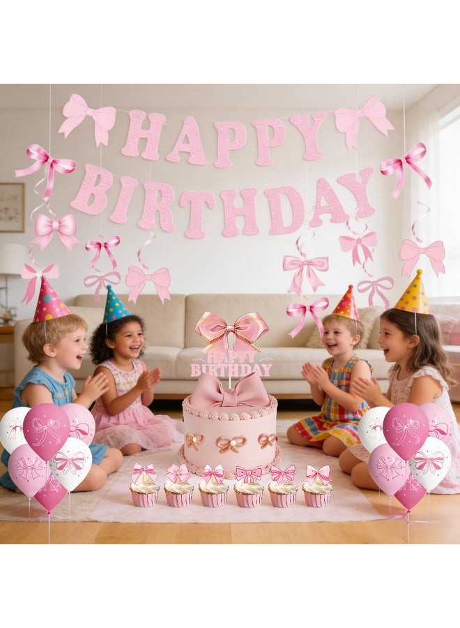 64 PCS Decorations Supplies, Pink Bow Birthday Party Decorations,Includes Happy Banner, Balloons, Cake For Girl Theme, Dress Up, Kids - Image 3