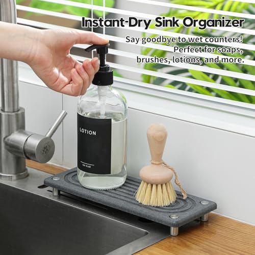 Razborci Water Absorbing Stone Sink Caddy Kitchen Sink Organizer Tray, Diatomite Bathroom Counter Tray, Faucet Drying Mat Coaster Soap Dish Rack Riser Dispenser Sponge Holder, Charcoal 10" x 4" - Image 5