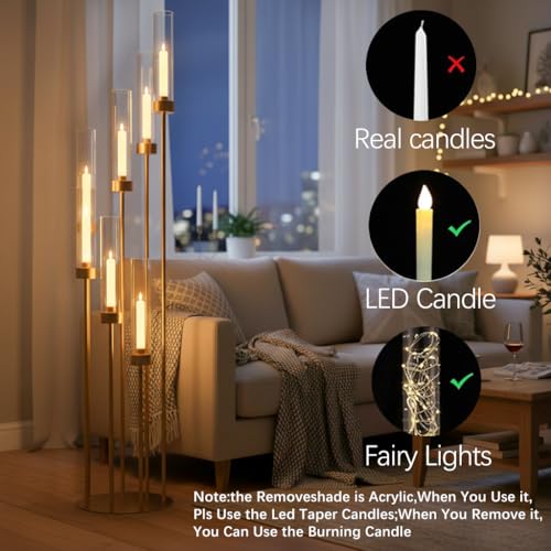 VINCIGANT 2Pcs Gold 7 Arm Candelabra Candle Stand for Wedding, Metal Candlestick Holder with Acrylic Lampshade for Theme Party Table Centerpieces Wedding Holiday Birthday Party (48Inch) Fit LED Taper Candles - Image 5