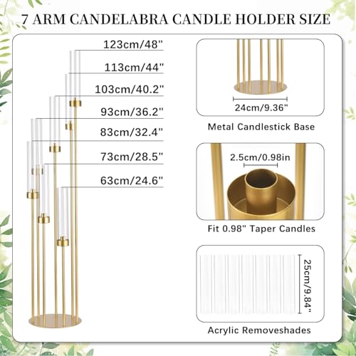 VINCIGANT 2Pcs Gold 7 Arm Candelabra Candle Stand for Wedding, Metal Candlestick Holder with Acrylic Lampshade for Theme Party Table Centerpieces Wedding Holiday Birthday Party (48Inch) Fit LED Taper Candles - Image 3