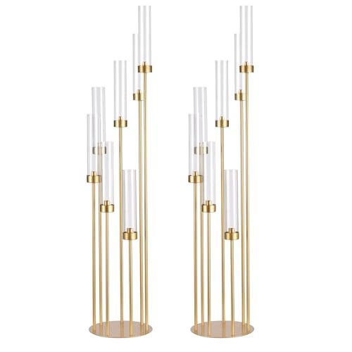 VINCIGANT 2Pcs Gold 7 Arm Candelabra Candle Stand for Wedding, Metal Candlestick Holder with Acrylic Lampshade for Theme Party Table Centerpieces Wedding Holiday Birthday Party (48Inch) Fit LED Taper Candles - Image 1
