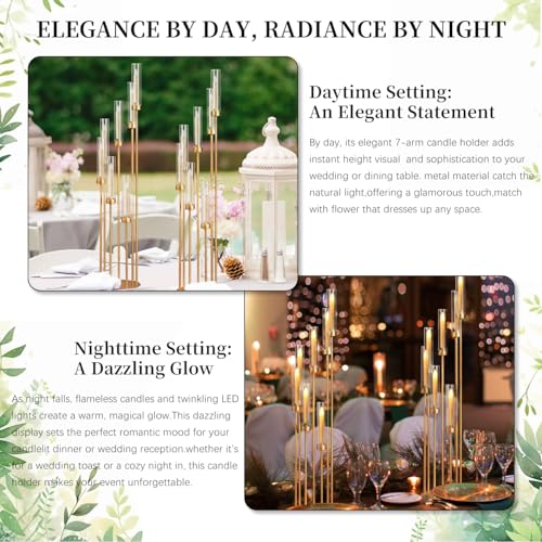VINCIGANT 2Pcs Gold 7 Arm Candelabra Candle Stand for Wedding, Metal Candlestick Holder with Acrylic Lampshade for Theme Party Table Centerpieces Wedding Holiday Birthday Party (48Inch) Fit LED Taper Candles - Image 2