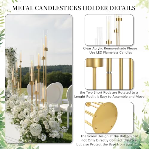 VINCIGANT 2Pcs Gold 7 Arm Candelabra Candle Stand for Wedding, Metal Candlestick Holder with Acrylic Lampshade for Theme Party Table Centerpieces Wedding Holiday Birthday Party (48Inch) Fit LED Taper Candles - Image 4