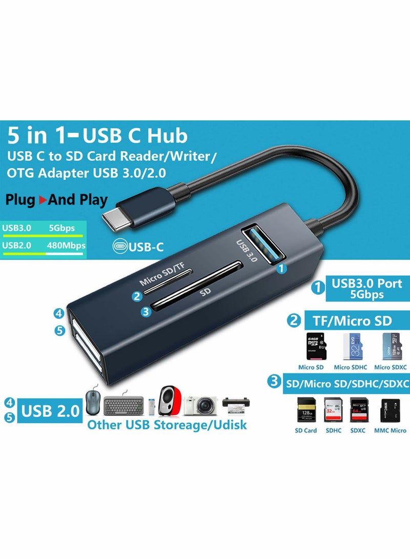 5-in-1 USB 3.0 SD Card Reader & Multi-Port Hub with 3 USB Ports and Type-C OTG Adapter - Image 2