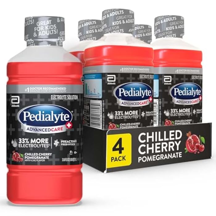 Pedialyte AdvancedCare Plus Electrolyte Hydration Drink, Has 33% More Electrolytes and Has PreActiv Prebiotics, Chilled Cherry Pomegranate, 1 Liter, Pack of 4 - Image 1