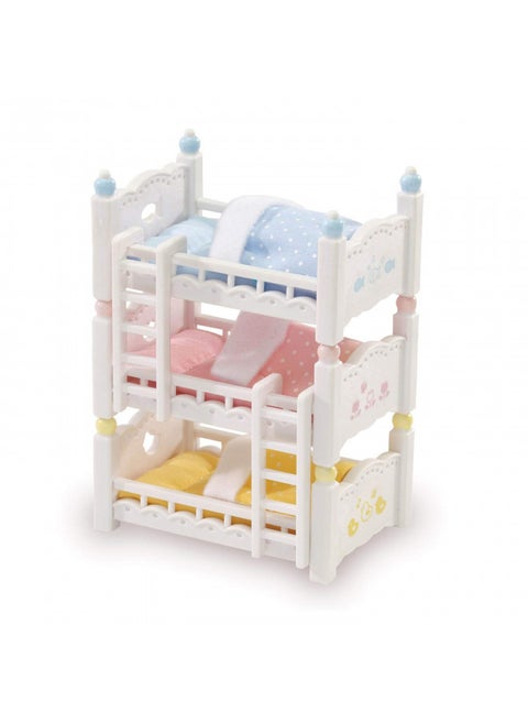 Calico Critters Triple Baby Bunk Beds, Dollhouse Toy Furniture, Multicolor, basic (CC2624), Set includes three beds, three mattresses with pillows, three blankets and two ladders