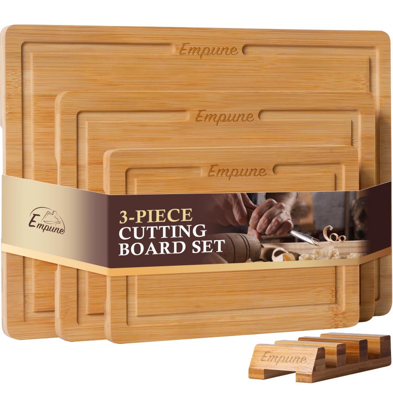 Empune Bamboo Cutting Board Set, Wood Cutting Boards for Kitchen with Holder Wooden Chopping Board for Meal Prep & Serving, Natural Bamboo - Image 1