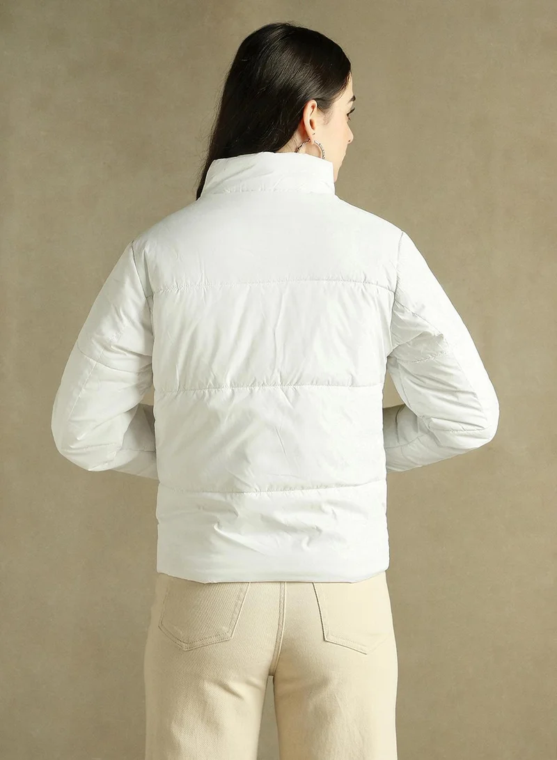 Dennis Lingo Women's White 100% Polyester Solid Regular Fit Jacket