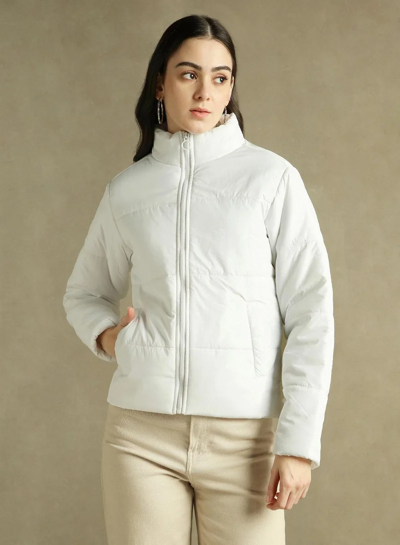 Dennis Lingo Women's White 100% Polyester Solid Regular Fit Jacket