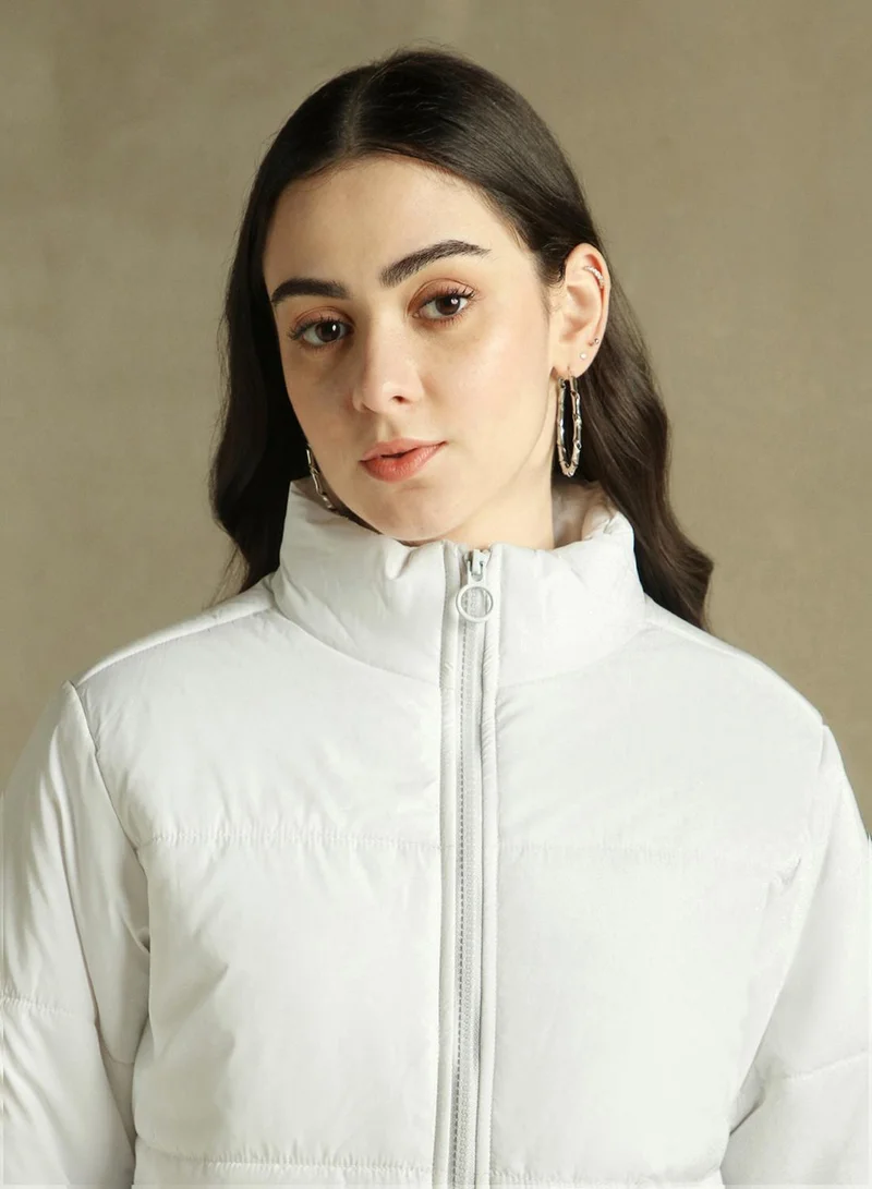 Dennis Lingo Women's White 100% Polyester Solid Regular Fit Jacket