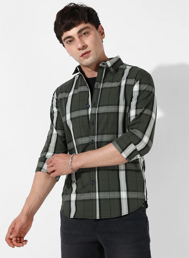 Campus Sutra Men's Tartan Plaid Dark Green Shirt