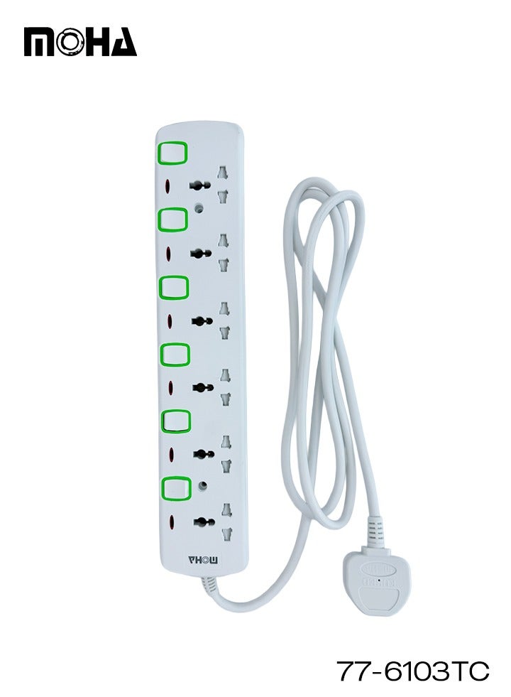 Moha 6-Way Universal Extension Socket – 5 Meter Cable, Individual Switches, Type G UK Plug, 13A 3250W Max, Safety Shutters, White - Image 1