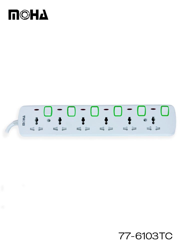 Moha 6-Way Universal Extension Socket – 5 Meter Cable, Individual Switches, Type G UK Plug, 13A 3250W Max, Safety Shutters, White - Image 2