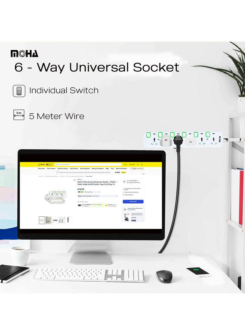 Moha 6-Way Universal Extension Socket – 5 Meter Cable, Individual Switches, Type G UK Plug, 13A 3250W Max, Safety Shutters, White - Image 3