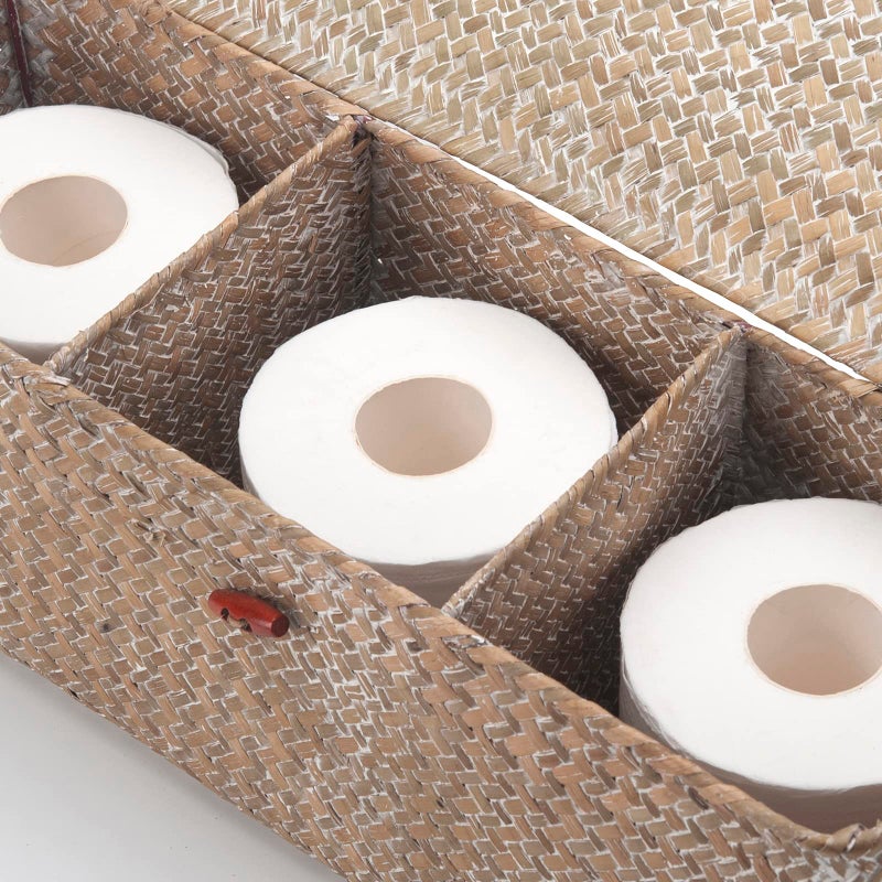 DECRAFTS Whitewash Seagrass Tank Basket with Lid Woven Toilet Roll Storage Basket with Sections Rectangular for Organize Snack Toys (Large Compartment 16.5inch L x 5.5inch W x 5.5inch H) - Image 2