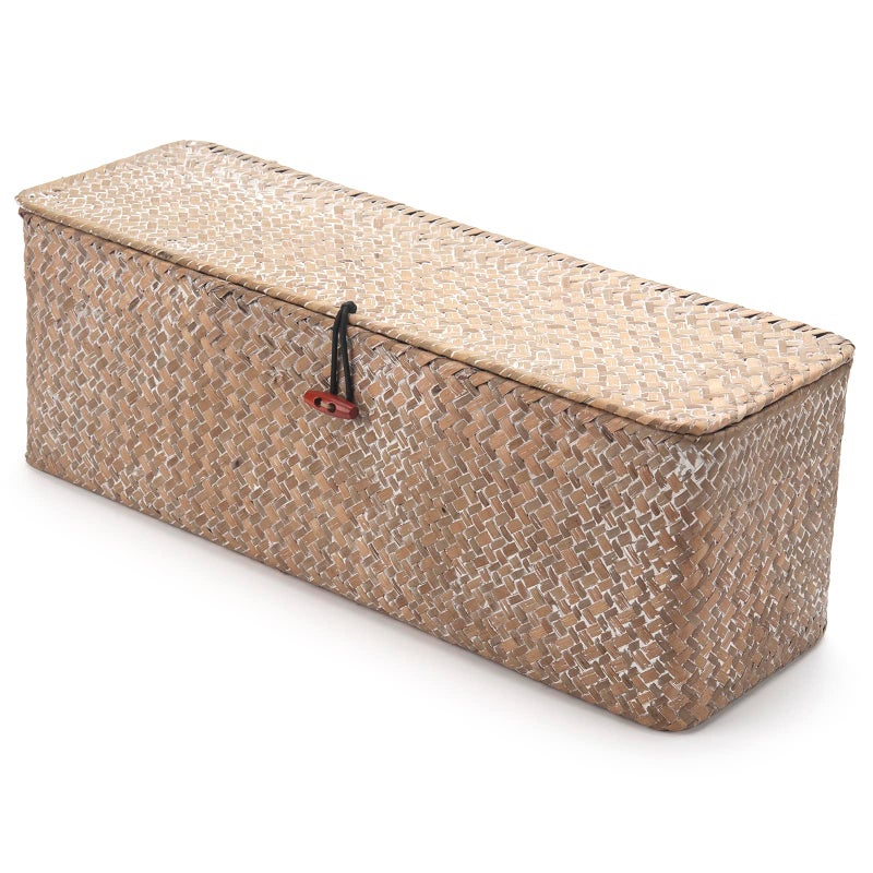DECRAFTS Whitewash Seagrass Tank Basket with Lid Woven Toilet Roll Storage Basket with Sections Rectangular for Organize Snack Toys (Large Compartment 16.5inch L x 5.5inch W x 5.5inch H) - Image 3