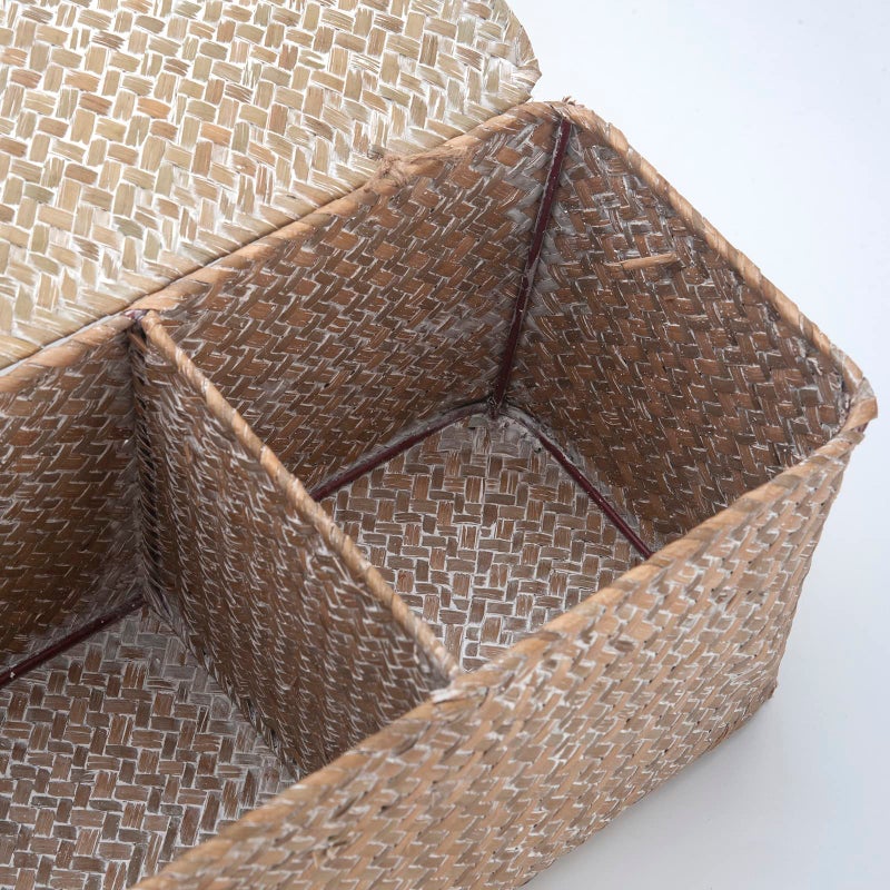DECRAFTS Whitewash Seagrass Tank Basket with Lid Woven Toilet Roll Storage Basket with Sections Rectangular for Organize Snack Toys (Large Compartment 16.5inch L x 5.5inch W x 5.5inch H) - Image 4