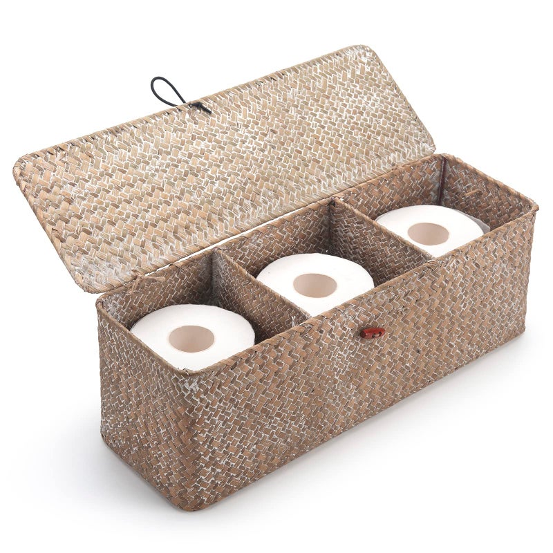 DECRAFTS Whitewash Seagrass Tank Basket with Lid Woven Toilet Roll Storage Basket with Sections Rectangular for Organize Snack Toys (Large Compartment 16.5inch L x 5.5inch W x 5.5inch H) - Image 1