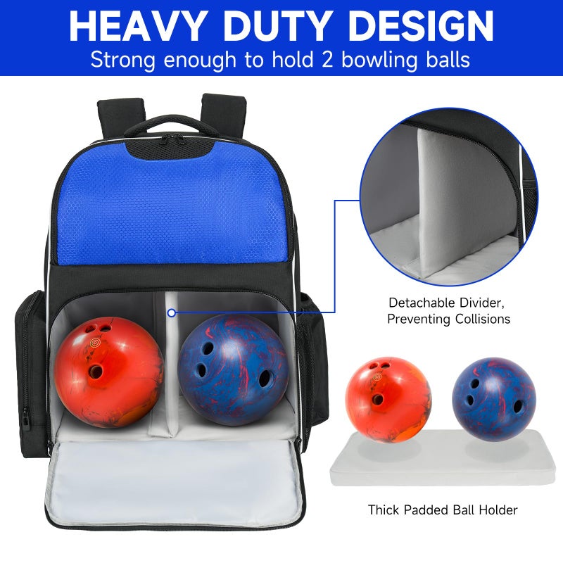 Jaffzora 2 Ball Bowling Backpack, Bowling Ball Bag Totes for Dual Balls with Shoes Compartment, Fits Shoe Up to Men Size 16, Black&Blue - Image 2