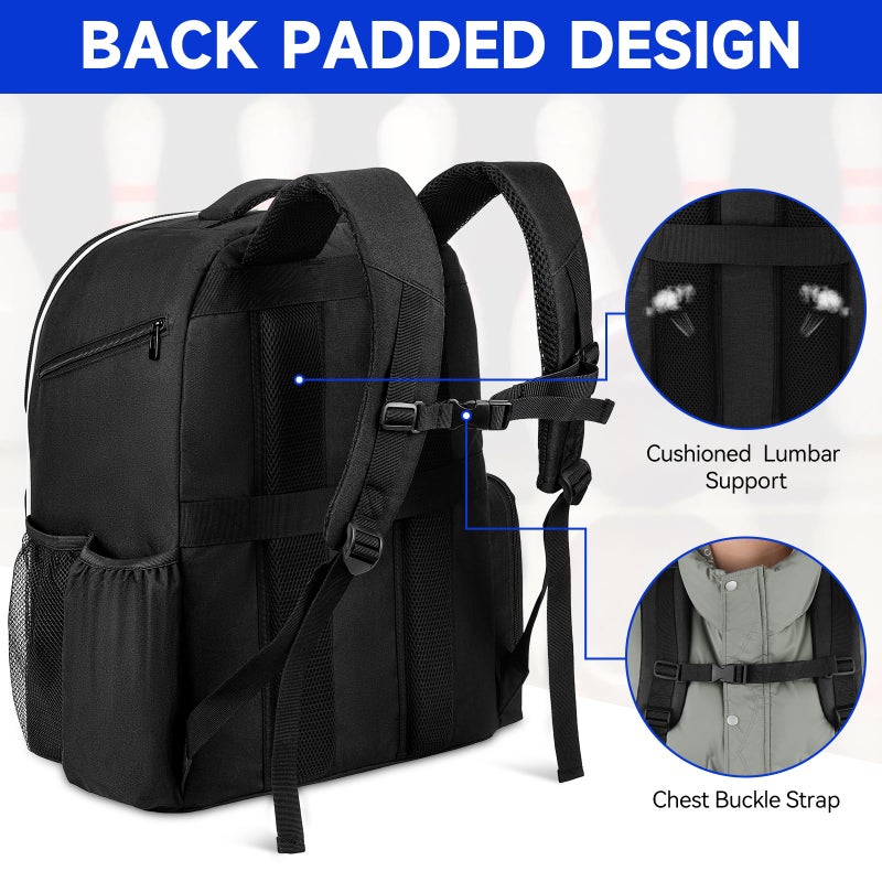 Jaffzora 2 Ball Bowling Backpack, Bowling Ball Bag Totes for Dual Balls with Shoes Compartment, Fits Shoe Up to Men Size 16, Black&Blue - Image 5
