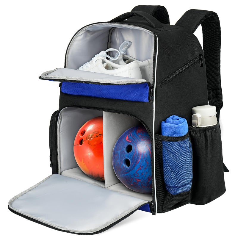 Jaffzora 2 Ball Bowling Backpack, Bowling Ball Bag Totes for Dual Balls with Shoes Compartment, Fits Shoe Up to Men Size 16, Black&Blue - Image 1
