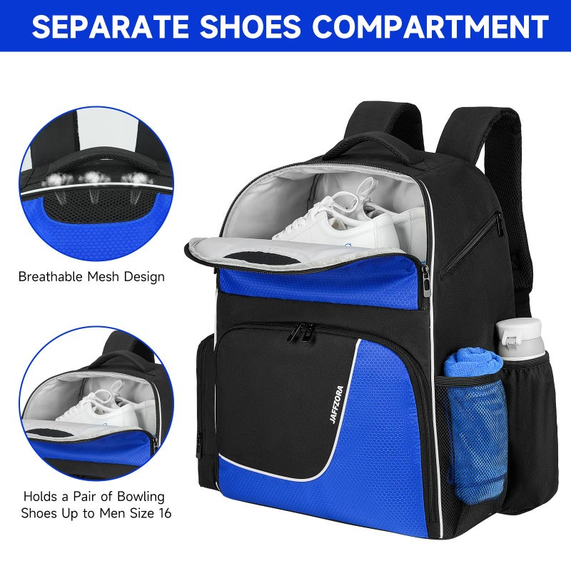 Jaffzora 2 Ball Bowling Backpack, Bowling Ball Bag Totes for Dual Balls with Shoes Compartment, Fits Shoe Up to Men Size 16, Black&Blue - Image 3