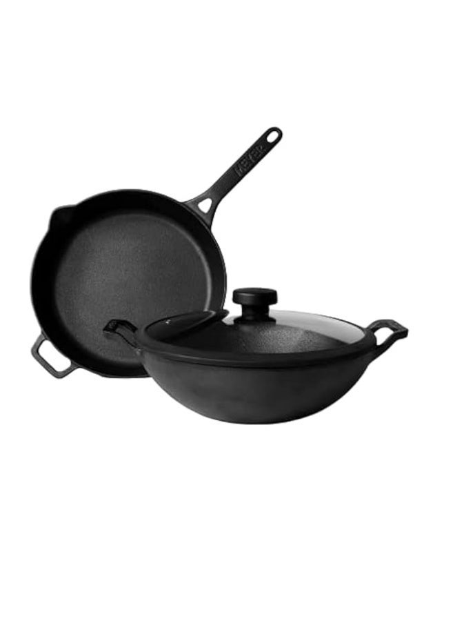 Meyer Pre- Seasoned Cast Iron 3 Piece Cookware Set - 26cm Frypan + 26cm Kadai with Interchangeable Lid | Cookware Set Combo Offer for Kitchen | Iron Utensils for Cooking | Skillet Pan Cast Iron, Black - Image 1