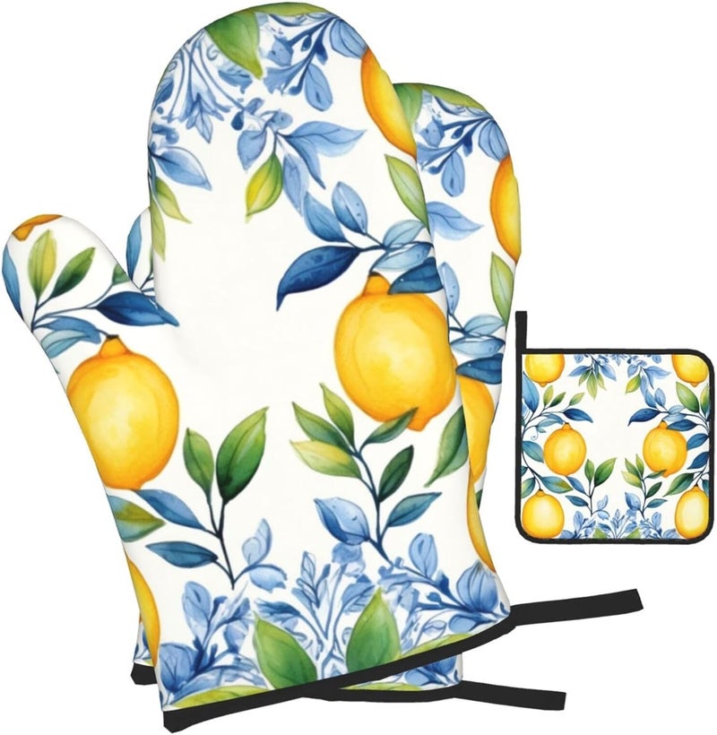 YPPAHHHH قفازات فرن مجموعة 3 قطع مقاومة للحرارة قفازات مطبوعة 2 قطعة 1 وسادة مطبخ للطهي والشواء زينة عيد الهالوين وعيد الشكر وعيد الميلاد هدية ليمون أصفر - Image 1