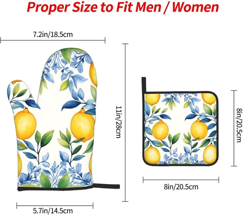 YPPAHHHH قفازات فرن مجموعة 3 قطع مقاومة للحرارة قفازات مطبوعة 2 قطعة 1 وسادة مطبخ للطهي والشواء زينة عيد الهالوين وعيد الشكر وعيد الميلاد هدية ليمون أصفر - Image 2