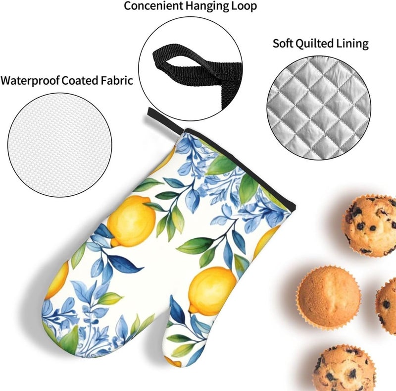 YPPAHHHH قفازات فرن مجموعة 3 قطع مقاومة للحرارة قفازات مطبوعة 2 قطعة 1 وسادة مطبخ للطهي والشواء زينة عيد الهالوين وعيد الشكر وعيد الميلاد هدية ليمون أصفر - Image 3