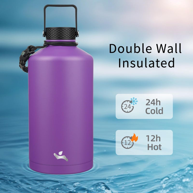 Konokyo Gallon Insulated Water Bottle with Straw,128 oz 3 Lids Water Jug with Carrying Bag,Paracord Handle, Double Wall Vacuum Stainless Steel Metal Flask,Purple - Image 2