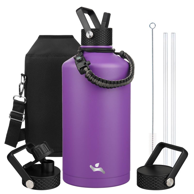 Konokyo Gallon Insulated Water Bottle with Straw,128 oz 3 Lids Water Jug with Carrying Bag,Paracord Handle, Double Wall Vacuum Stainless Steel Metal Flask,Purple - Image 1