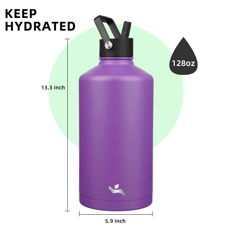 Konokyo Gallon Insulated Water Bottle with Straw,128 oz 3 Lids Water Jug with Carrying Bag,Paracord Handle, Double Wall Vacuum Stainless Steel Metal Flask,Purple - Image 3