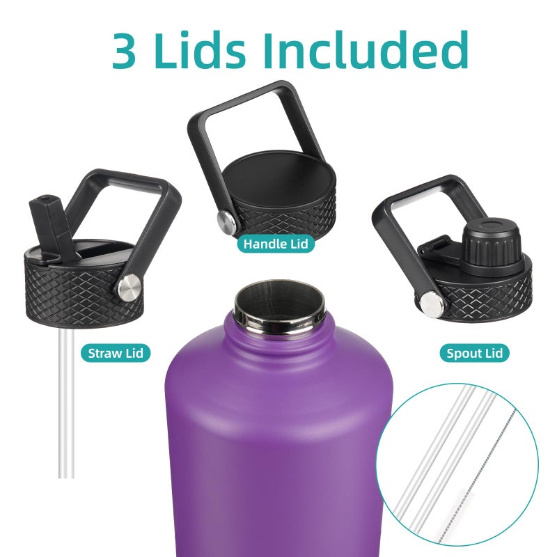 Konokyo Gallon Insulated Water Bottle with Straw,128 oz 3 Lids Water Jug with Carrying Bag,Paracord Handle, Double Wall Vacuum Stainless Steel Metal Flask,Purple - Image 4