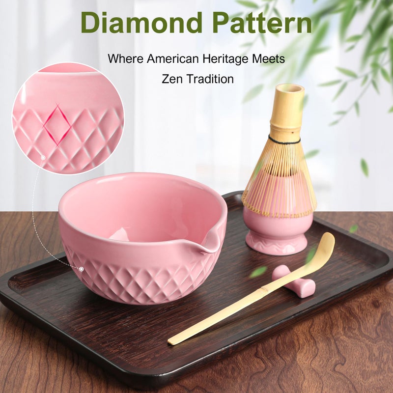 Doasuwish Matcha Whisk Set, 7 Pcs Ceramic Kit, Includes Matcha Bowl with Spout, Matcha Whisk and Holder, Bamboo Scoop, Scoop Rest, Sifter and Tea Towel (Cherry Blossom Pink) - Image 2