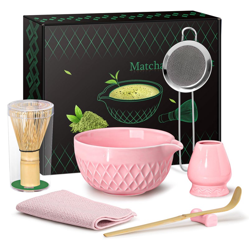 Doasuwish Matcha Whisk Set, 7 Pcs Ceramic Kit, Includes Matcha Bowl with Spout, Matcha Whisk and Holder, Bamboo Scoop, Scoop Rest, Sifter and Tea Towel (Cherry Blossom Pink) - Image 1