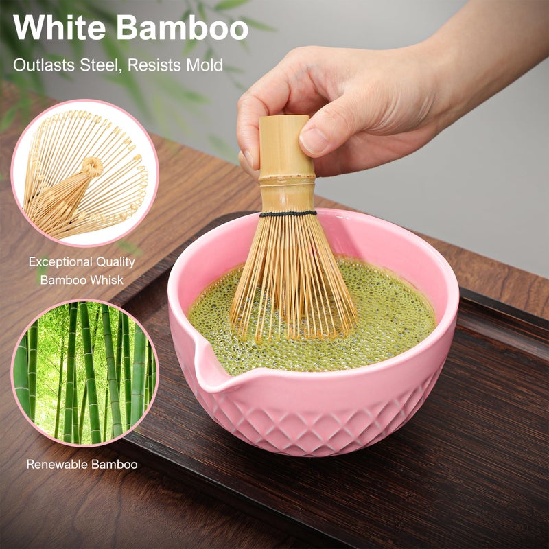 Doasuwish Matcha Whisk Set, 7 Pcs Ceramic Kit, Includes Matcha Bowl with Spout, Matcha Whisk and Holder, Bamboo Scoop, Scoop Rest, Sifter and Tea Towel (Cherry Blossom Pink) - Image 5