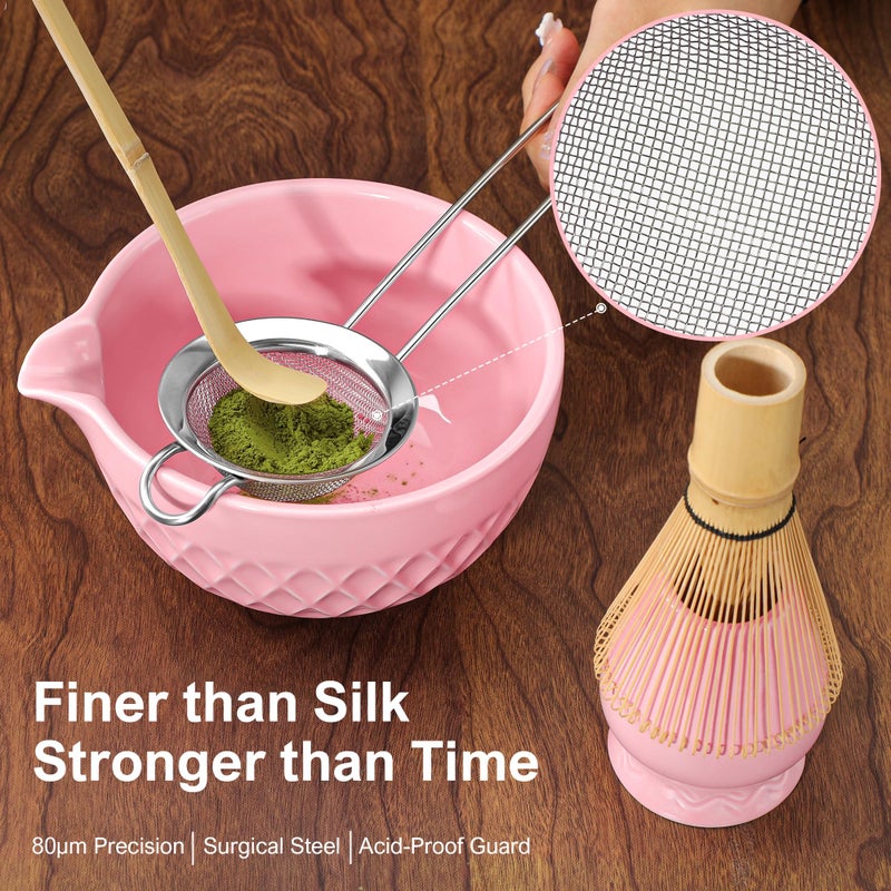 Doasuwish Matcha Whisk Set, 7 Pcs Ceramic Kit, Includes Matcha Bowl with Spout, Matcha Whisk and Holder, Bamboo Scoop, Scoop Rest, Sifter and Tea Towel (Cherry Blossom Pink) - Image 4