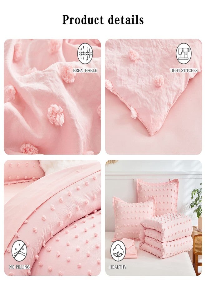 Flysheep 6 Pieces Tufted Dots Bed in a Bag Twin Comforter Set Girls Pink , Soft and Embroidery Shabby Chic Boho Bohemian Comforters, Luxury Solid Color with Pom Pom Design, Jacquard Tufts Bedding Set for Kids - Image 5