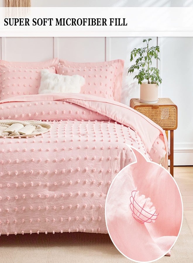 Flysheep 6 Pieces Tufted Dots Bed in a Bag Twin Comforter Set Girls Pink , Soft and Embroidery Shabby Chic Boho Bohemian Comforters, Luxury Solid Color with Pom Pom Design, Jacquard Tufts Bedding Set for Kids - Image 3