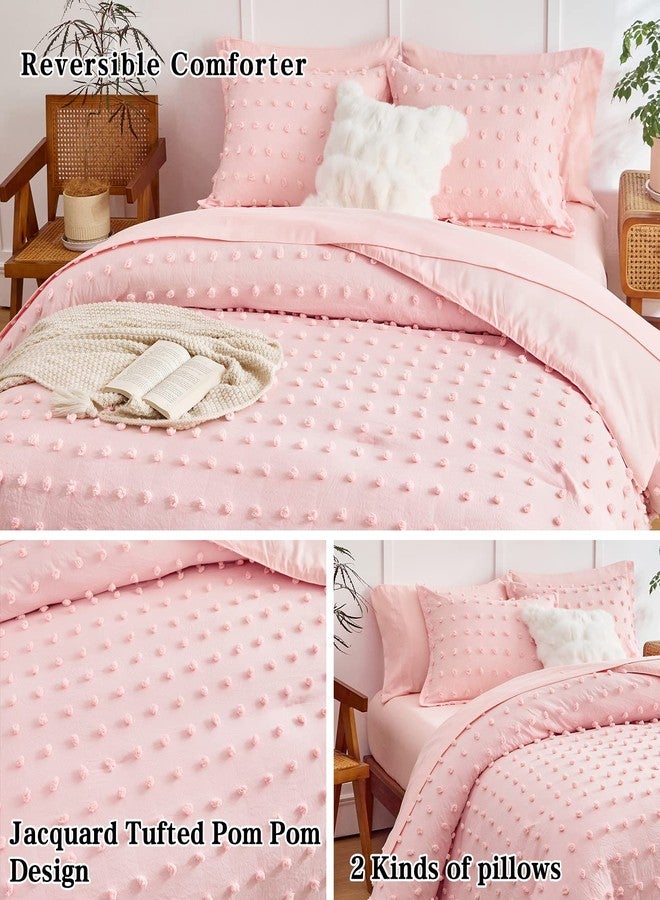 Flysheep 6 Pieces Tufted Dots Bed in a Bag Twin Comforter Set Girls Pink , Soft and Embroidery Shabby Chic Boho Bohemian Comforters, Luxury Solid Color with Pom Pom Design, Jacquard Tufts Bedding Set for Kids - Image 4