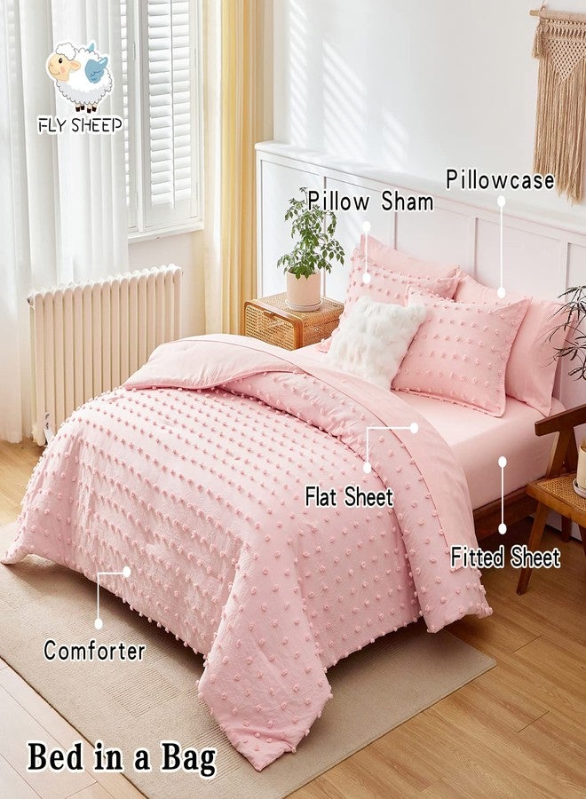 Flysheep 6 Pieces Tufted Dots Bed in a Bag Twin Comforter Set Girls Pink , Soft and Embroidery Shabby Chic Boho Bohemian Comforters, Luxury Solid Color with Pom Pom Design, Jacquard Tufts Bedding Set for Kids - Image 2